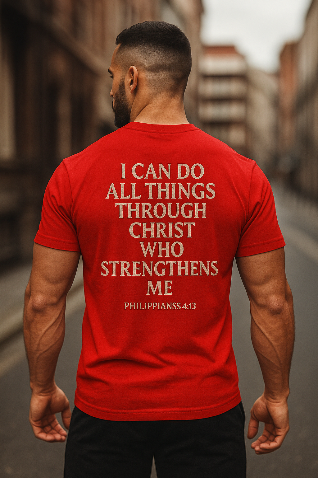 StrikerCo Cross Tee – Philippians 4:13 Christian T-Shirt (Red - White - Blue)