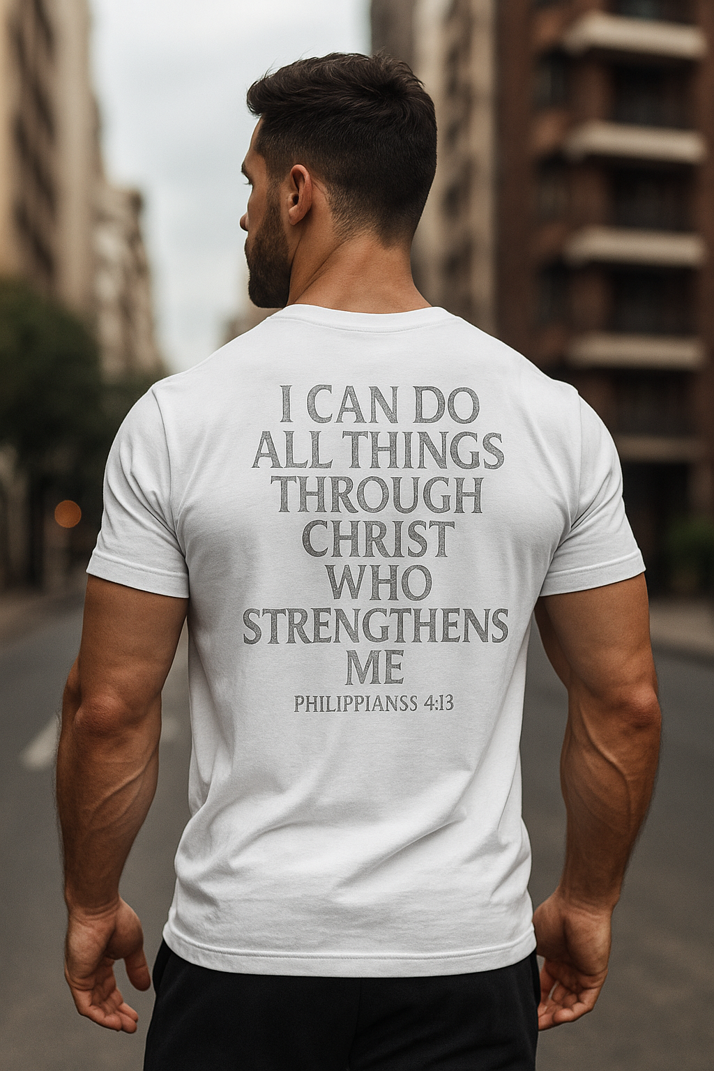 StrikerCo Cross Tee – Philippians 4:13 Christian T-Shirt (Red - White - Blue)