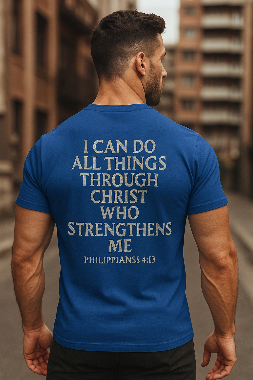StrikerCo Cross Tee – Philippians 4:13 Christian T-Shirt (Red - White - Blue)