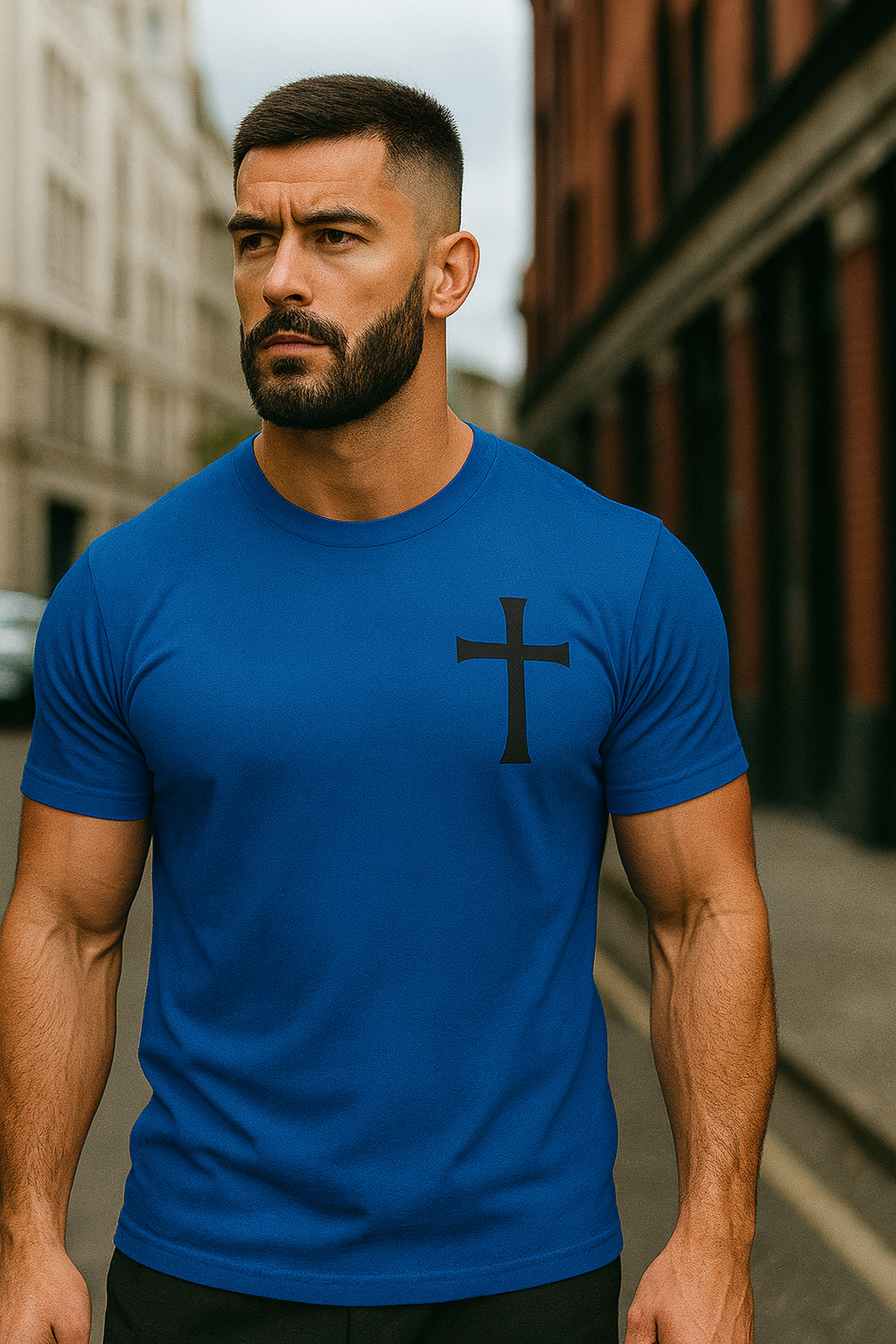 StrikerCo Cross Tee – Philippians 4:13 Christian T-Shirt (Red - White - Blue)