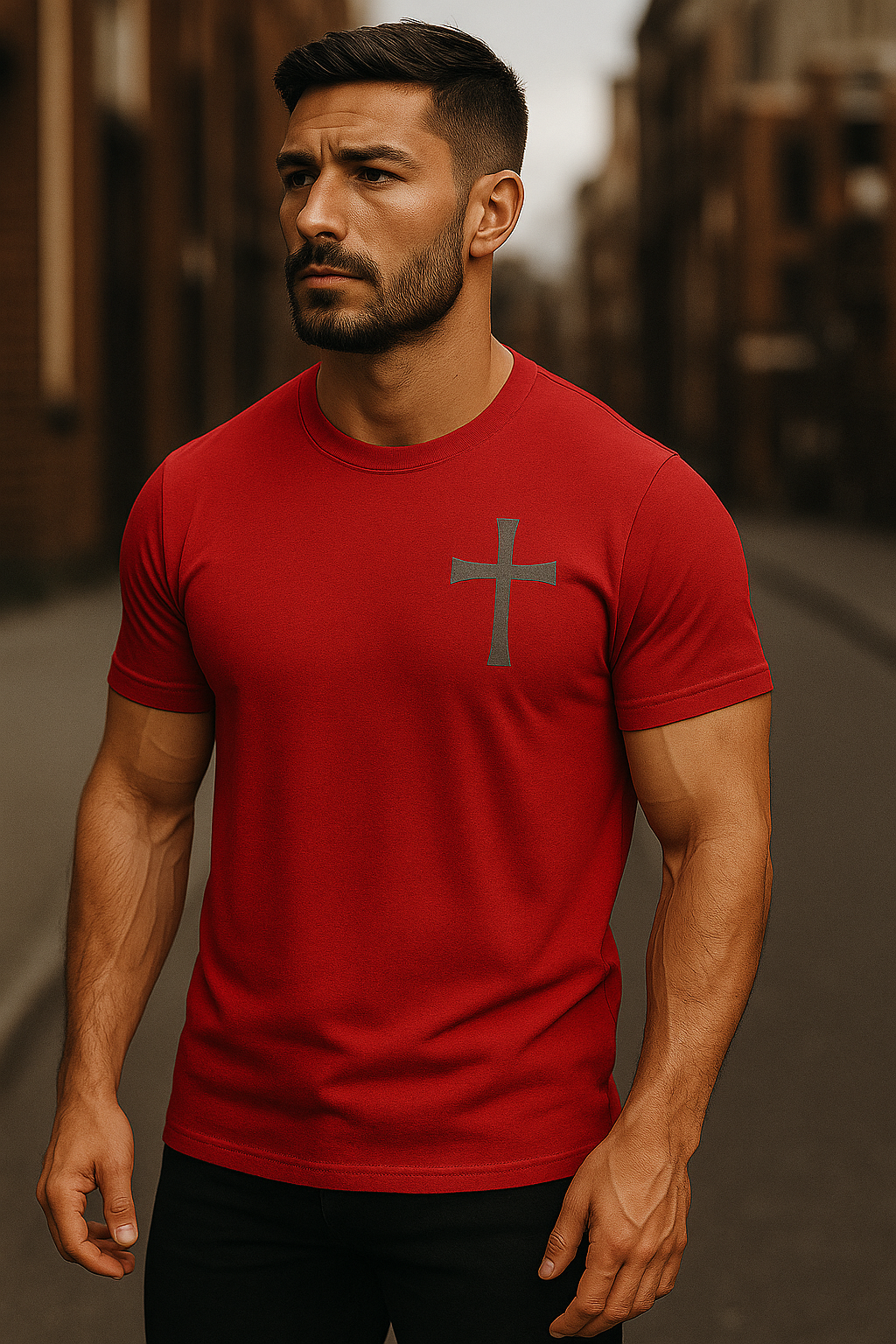 StrikerCo Cross Tee – Philippians 4:13 Christian T-Shirt (Red - White - Blue)