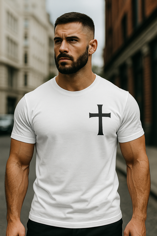 StrikerCo Cross Tee – Philippians 4:13 Christian T-Shirt (Red - White - Blue)